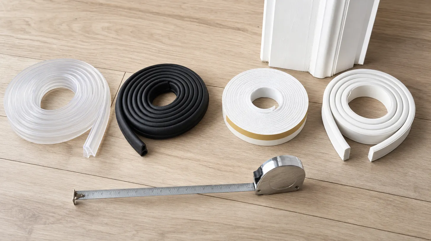 Four coils of door perimeter weatherstripping laid out on pale wood flooring beside a white door frame - clear silicone T-profile strip, black D-profile rubber, a roll of white self-adhesive foam tape and white vinyl-coated foam kerf seal - with a steel tape measure across the front