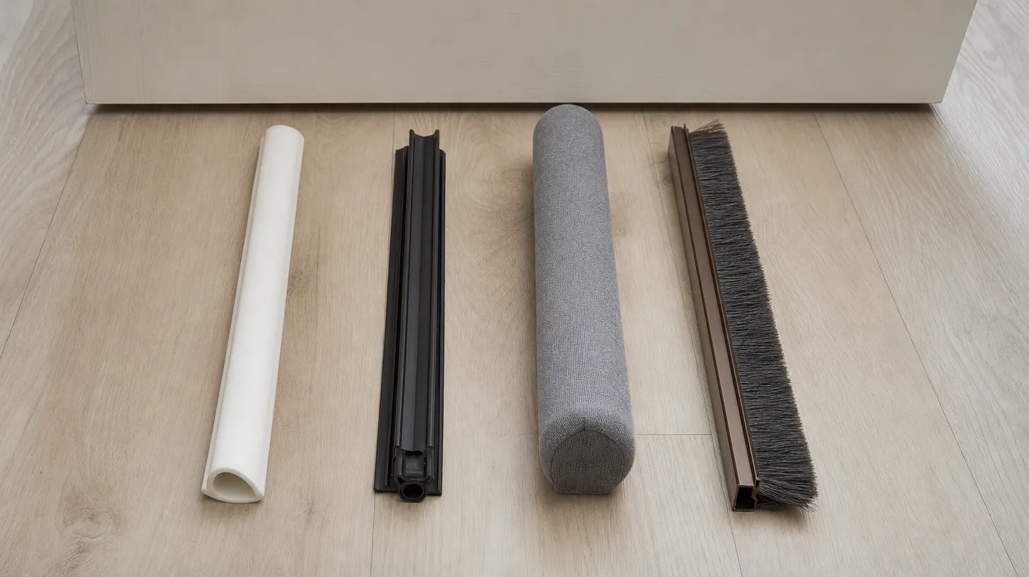 Four under-door draft stoppers laid out in a row on pale wood flooring below the bottom edge of an apartment door - a white silicone bulb strip, a black adjustable strip, a grey fabric foam sleeve and a brown aluminium brush sweep