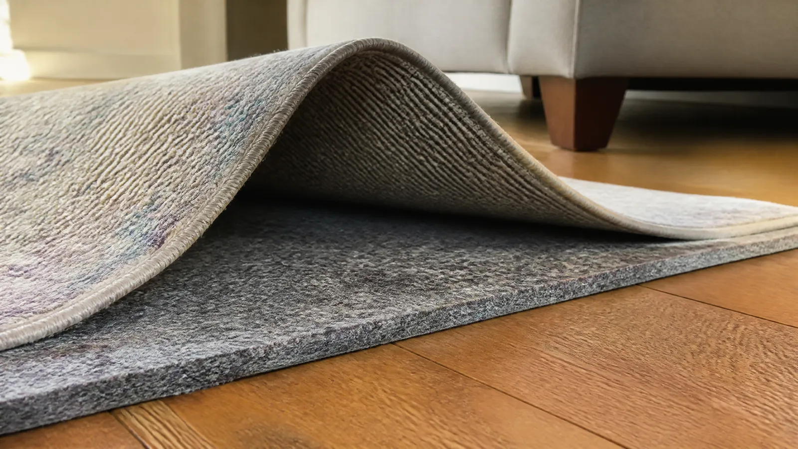 The corner of an area rug lifted to reveal a thick grey felt rug pad on a hardwood floor