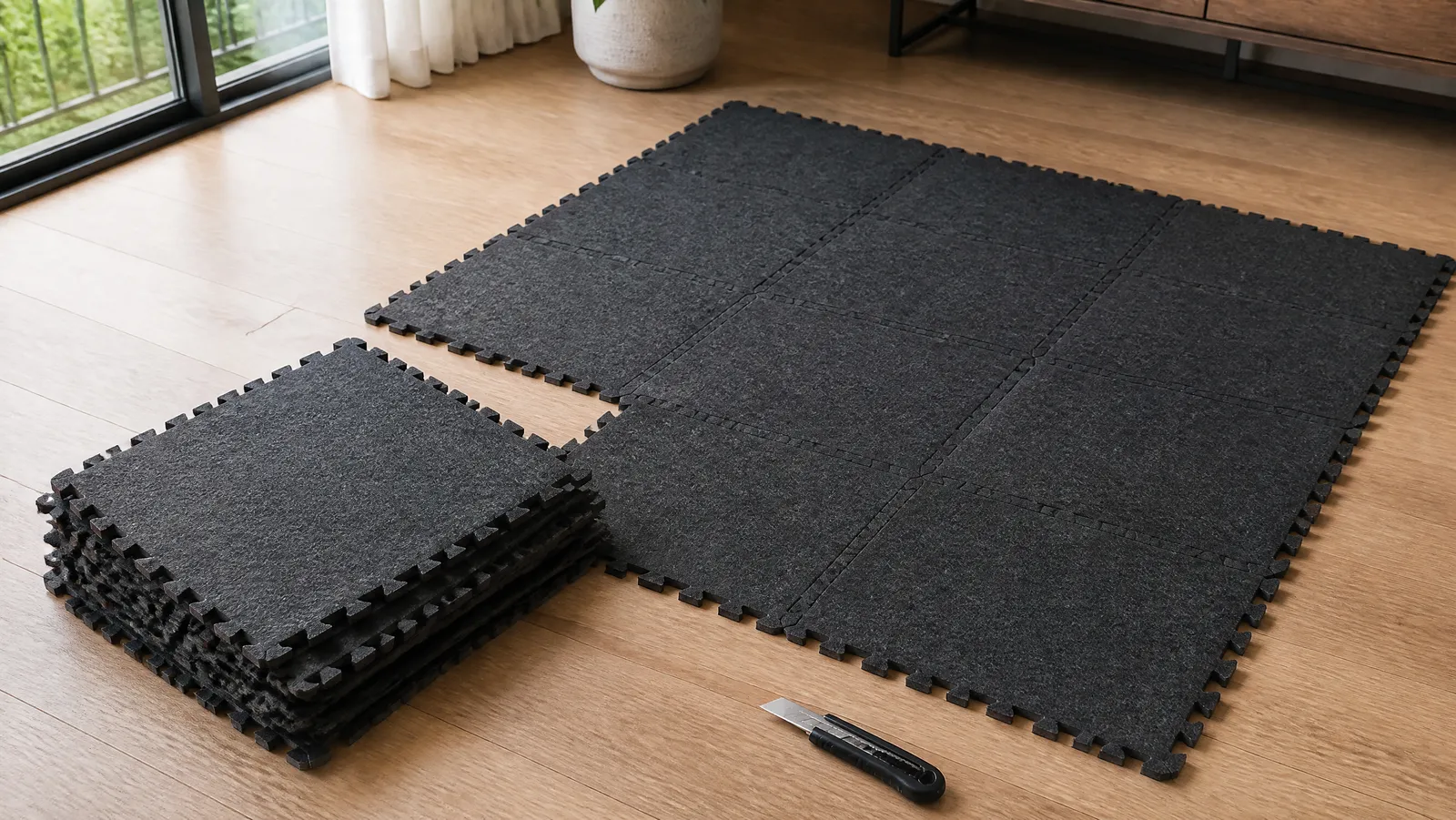 Charcoal felt interlocking acoustic floor tiles partly assembled on pale hardwood, with a stack of loose tiles showing their thickness