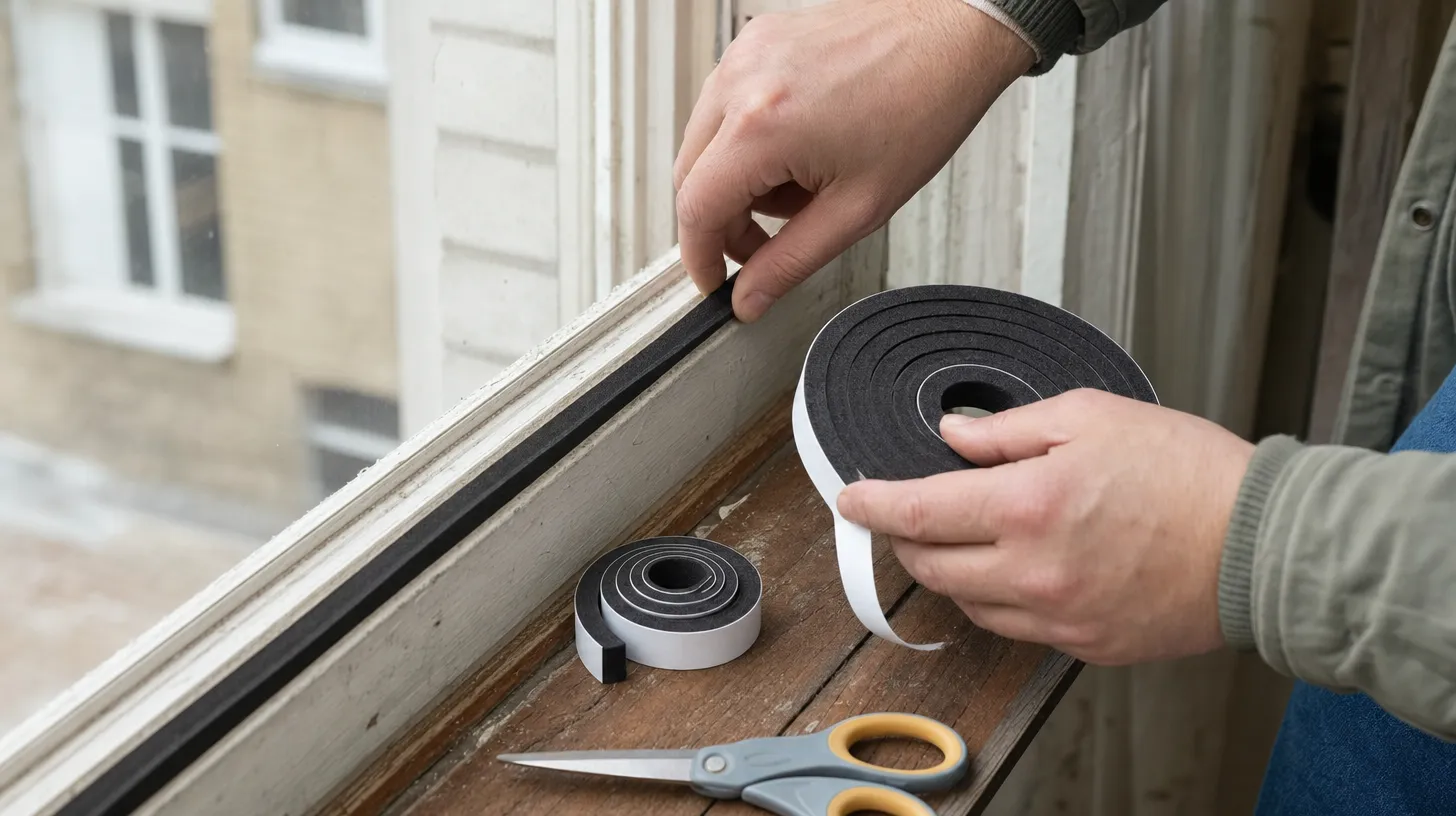 Self-adhesive foam weatherstrip tape being pressed into the sash channel of an apartment window