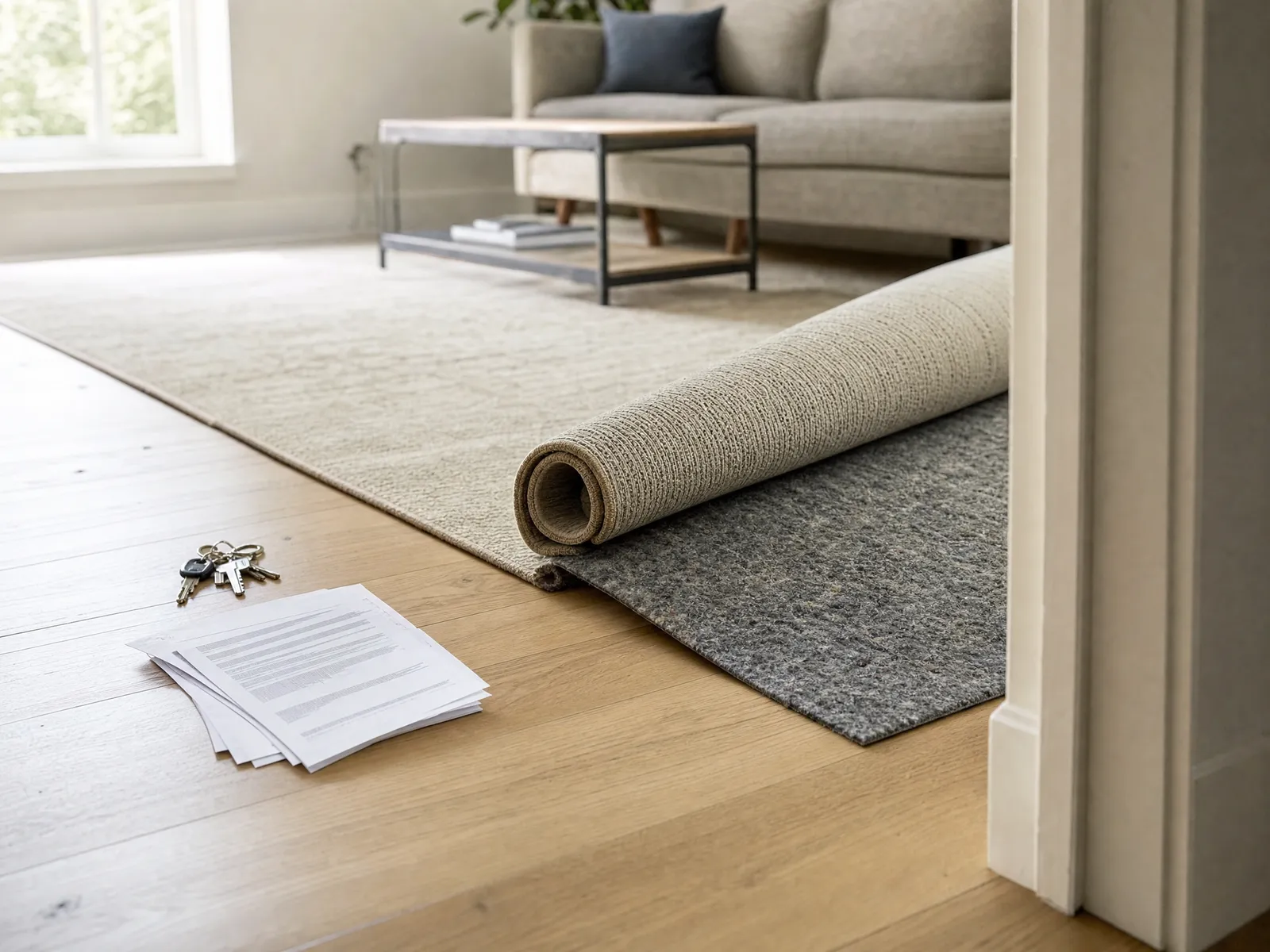 An area rug rolled back off its dense grey felt pad on pale oak flooring, with door keys and a printed tenancy agreement on the boards alongside