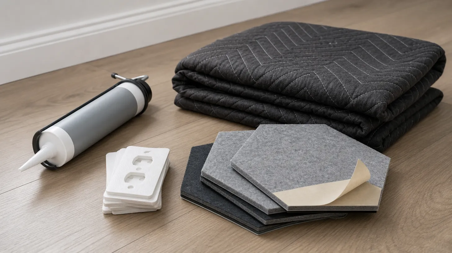 Budget soundproofing supplies laid out by an apartment wall — acoustic caulk, outlet gaskets, a moving blanket, and acoustic tiles