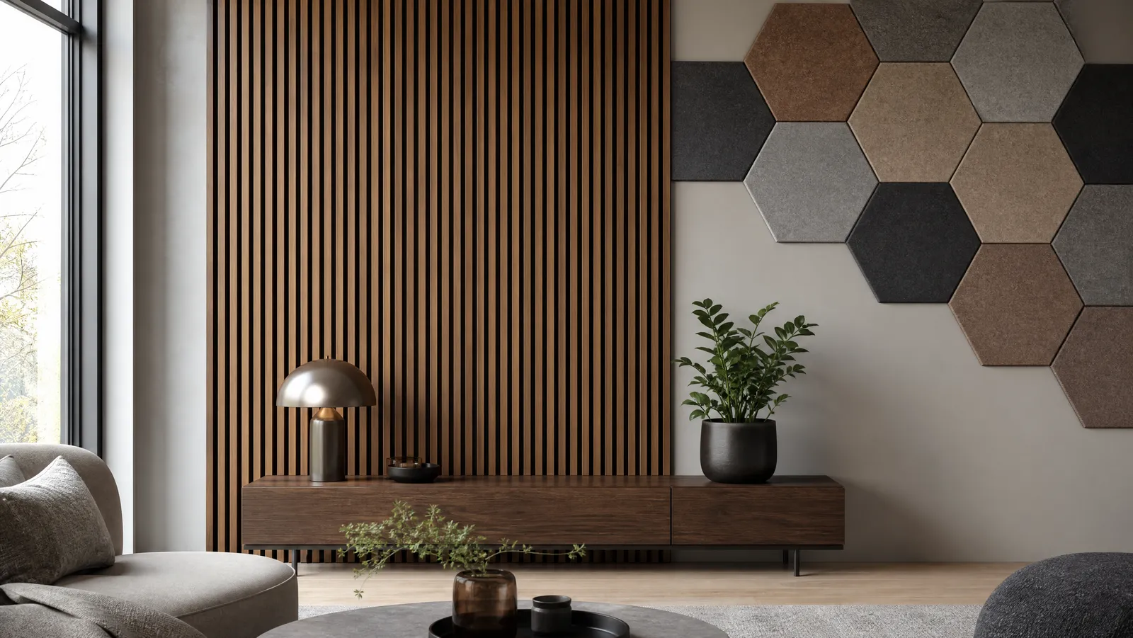 A modern apartment accent wall finished with warm walnut wood-slat and felt acoustic panels