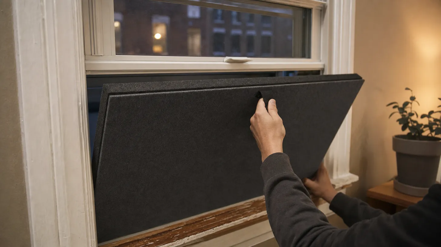 A custom-cut soundproof window plug being lifted into the reveal of an old apartment window