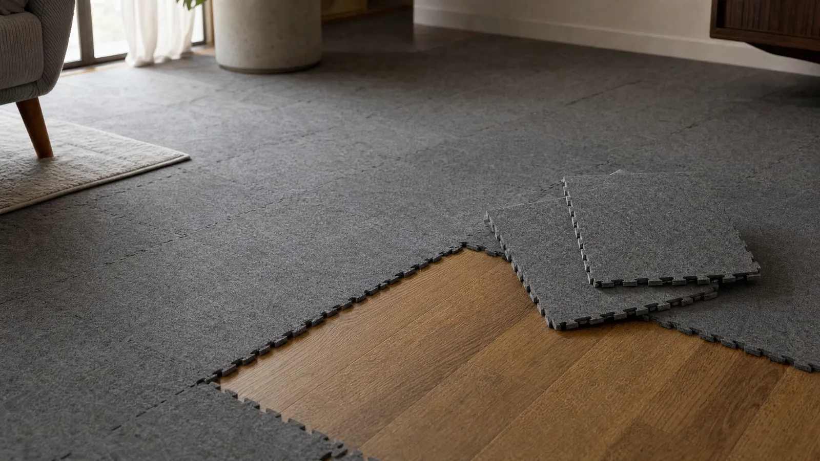 Interlocking grey felt acoustic floor tiles laid over an oak apartment floor, two tiles lifted to show the bare boards beneath