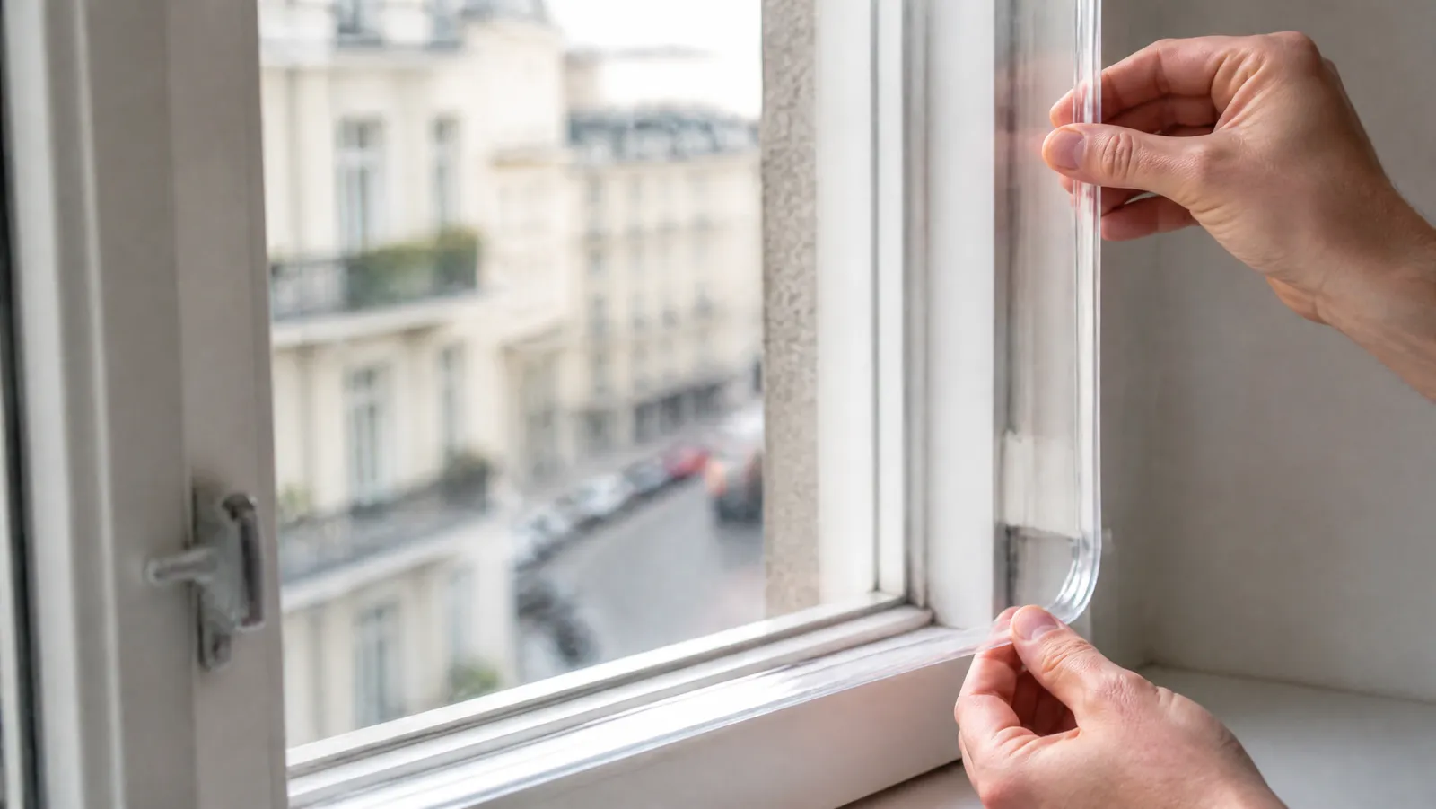 A clear acrylic window insert being fitted inside an apartment window frame