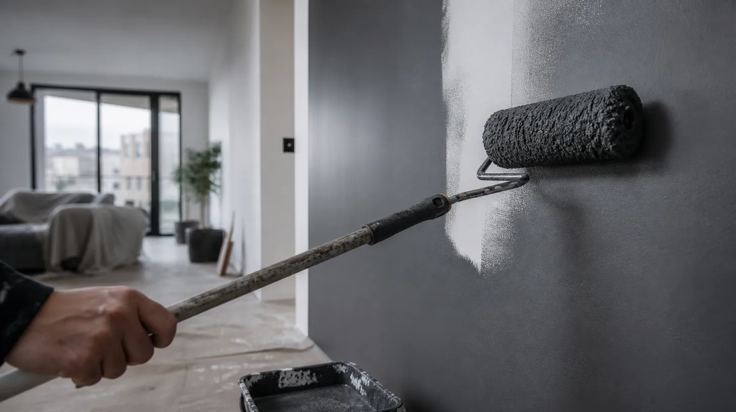 A paint roller applying thick sound-dampening paint to an apartment wall