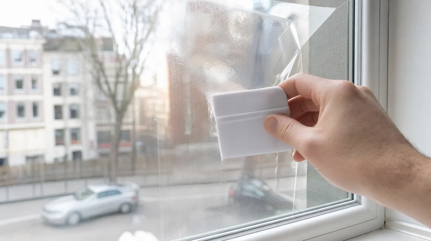 Clear window film being smoothed onto an apartment window pane with a squeegee