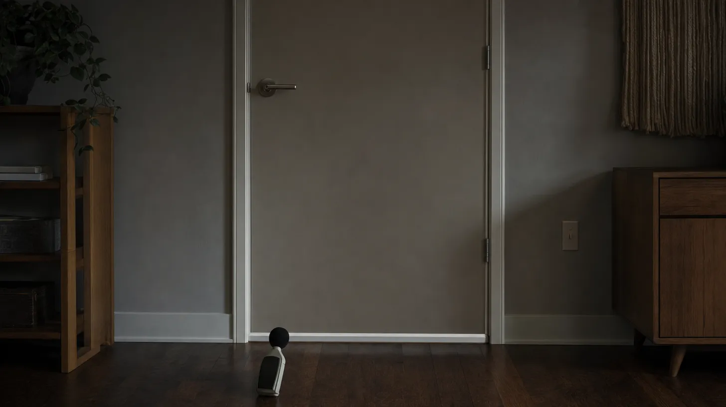 A closed interior apartment door sealed with a slim weatherstrip along the top and sides and a white silicone sweep at the bottom so no light shows through, with a handheld digital sound level meter standing on the floorboards in the foreground, its screen turned away