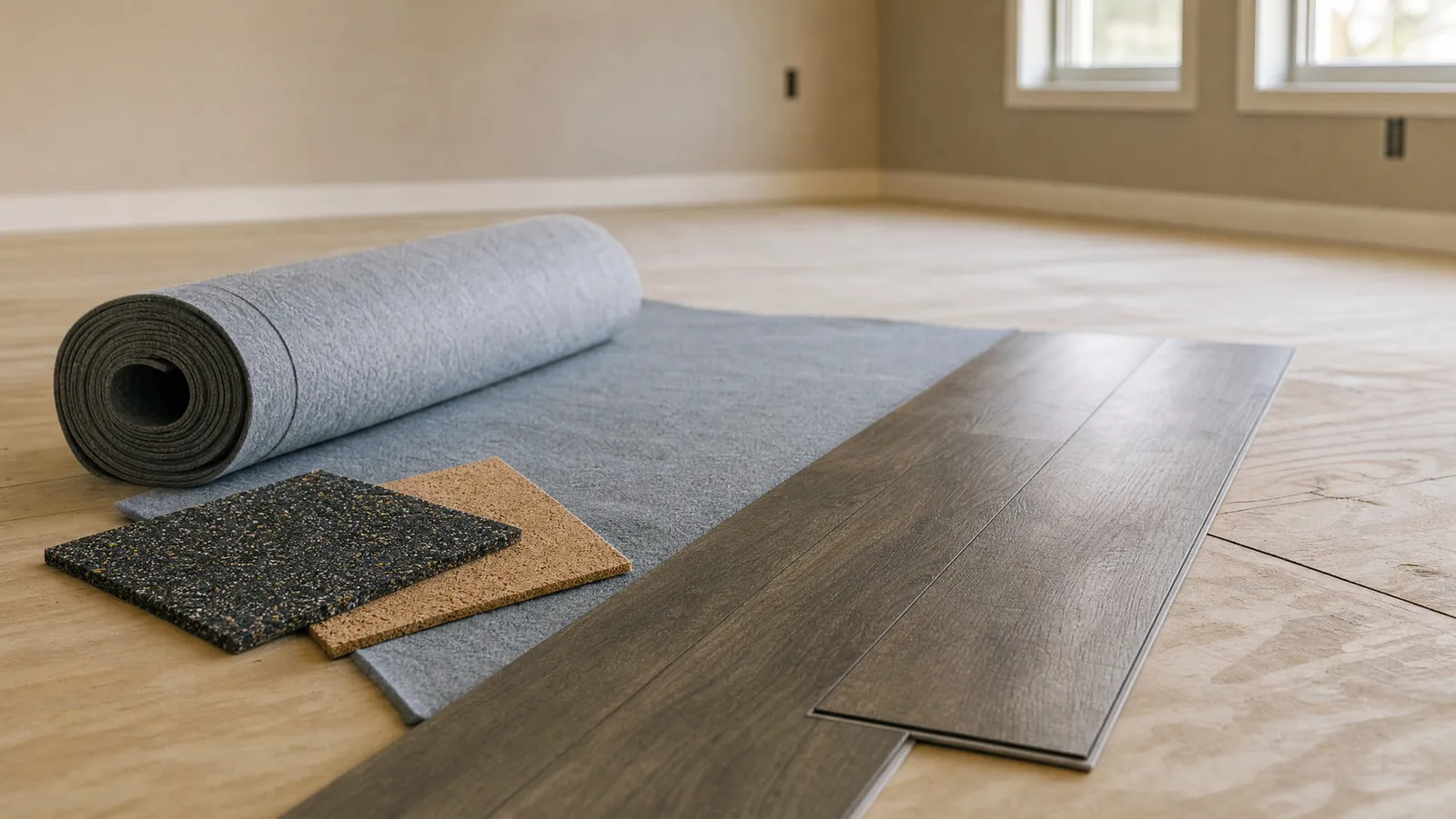A roll of grey fibre acoustic underlayment partly unrolled on a subfloor with vinyl planks clicked together on top and cork and rubber offcuts alongside