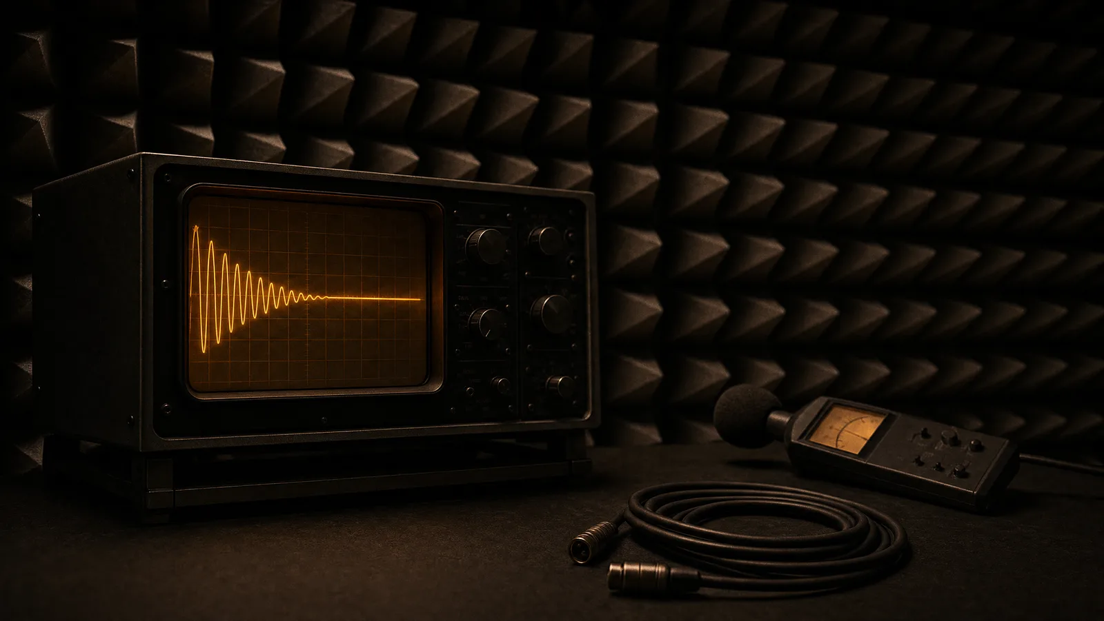 An analog oscilloscope glowing amber in front of anechoic foam wedges, with a sound-level meter alongside