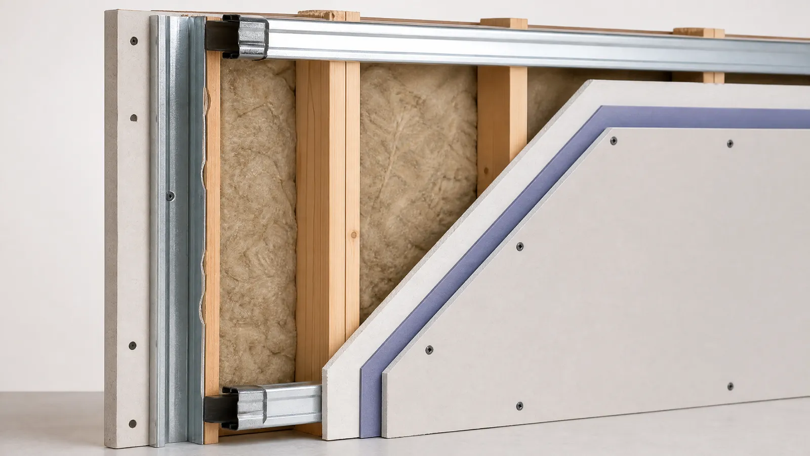 Cross-section of a wall showing damping compound between two drywall layers on resilient channel over studs