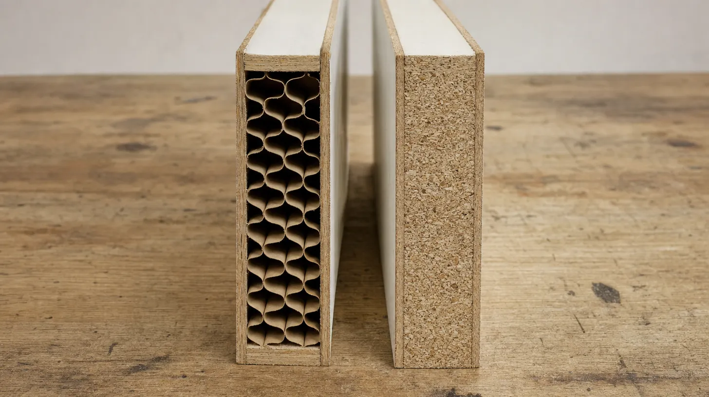 Two cut door sections standing side by side on a workbench, the left one hollow with a cardboard honeycomb lattice inside and the right one filled edge to edge with dense particleboard