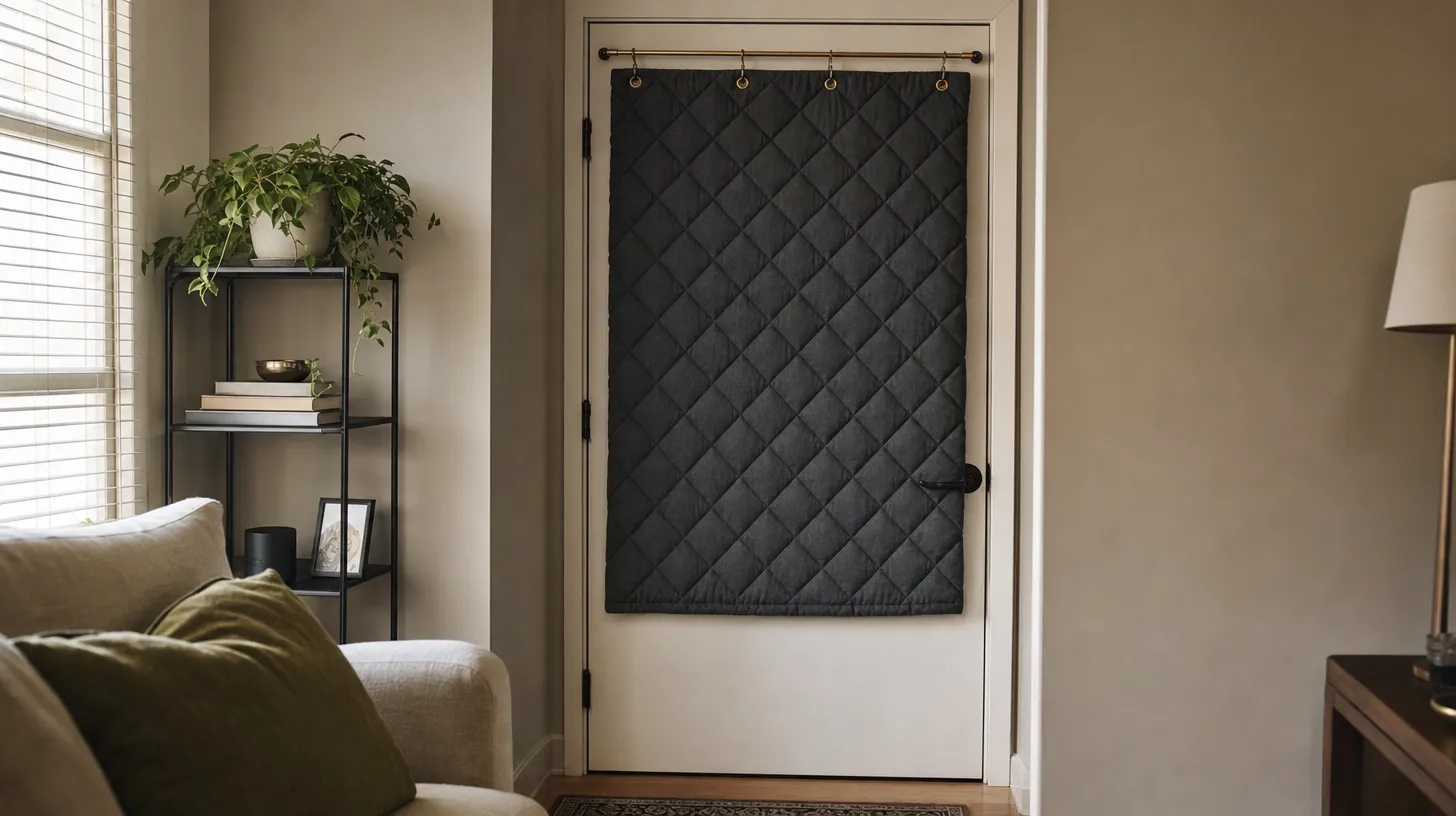An interior apartment door with a heavy dark grey quilted acoustic blanket hung from grommets on a rod at the top, covering about two thirds of the slab, with the door hinges visible along the left edge