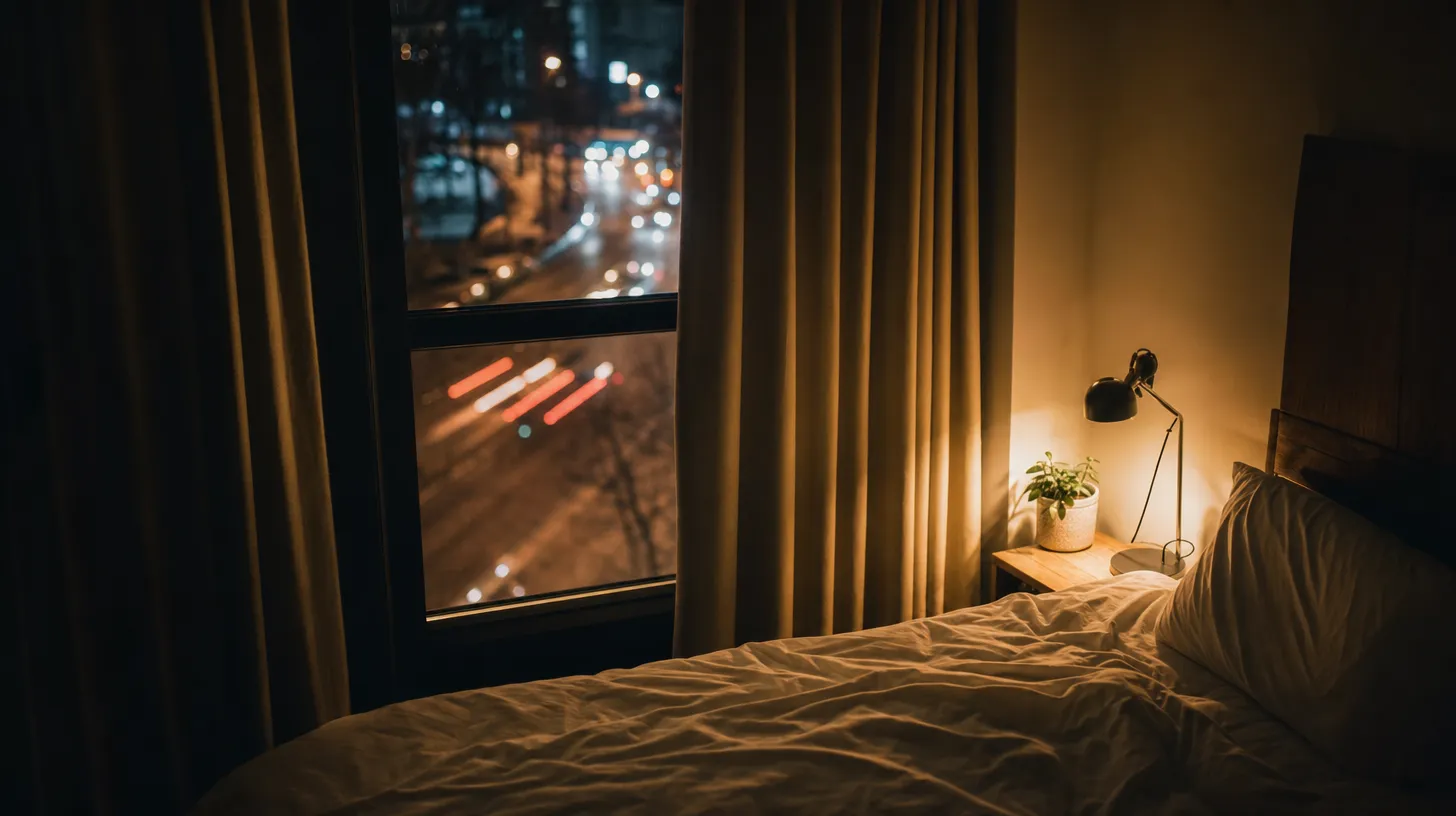A bedroom window at night with heavy curtains partly drawn and traffic blurred on the street below