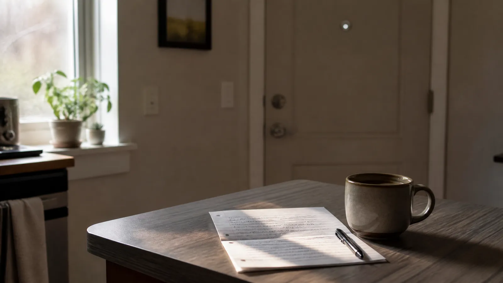 A folded handwritten note and pen on a kitchen table beside a mug of coffee