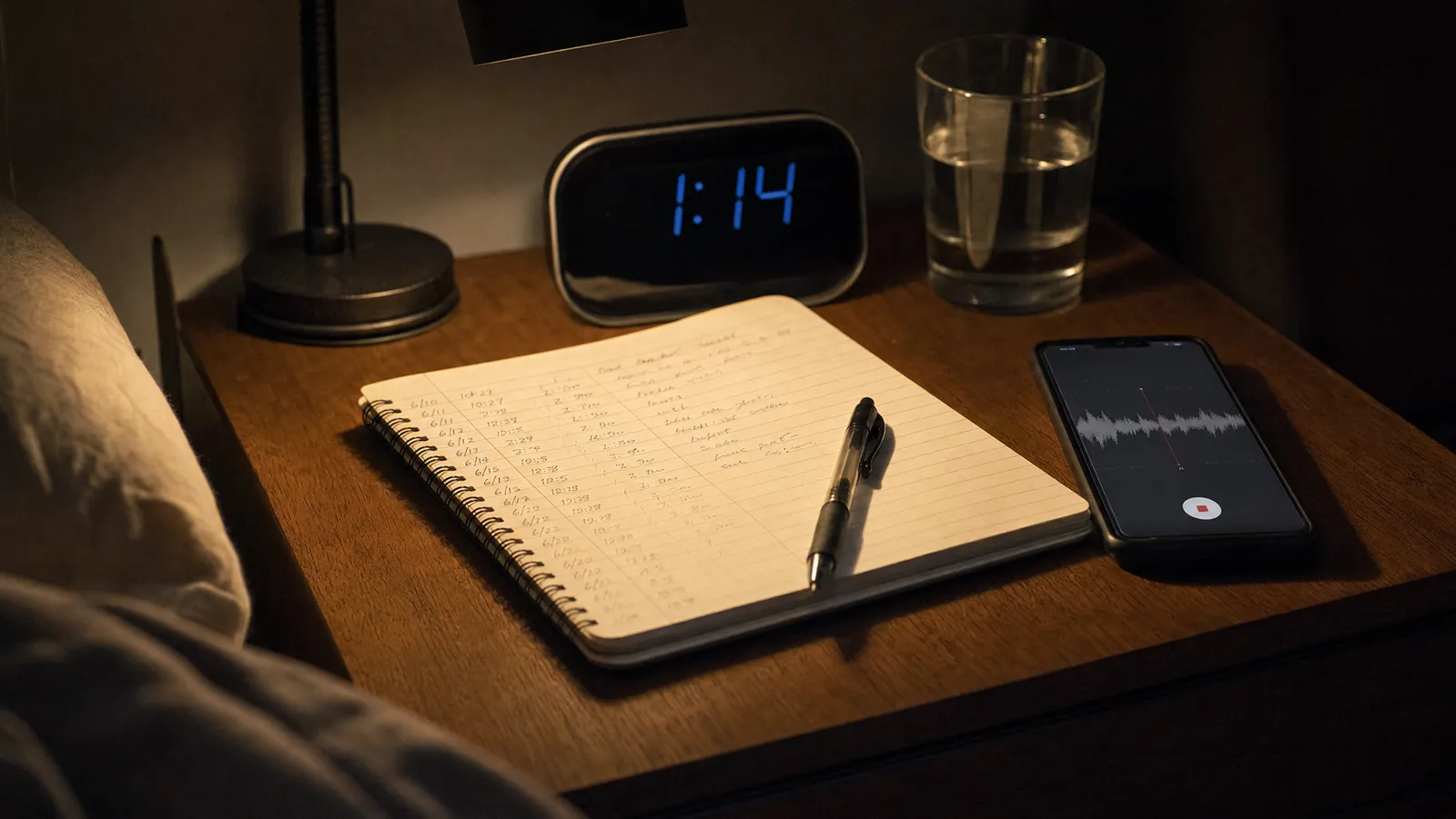 A handwritten noise log and a phone recording audio on a bedside table after 1am