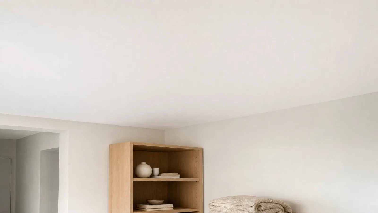 An apartment living-room corner angled up toward a bare white ceiling