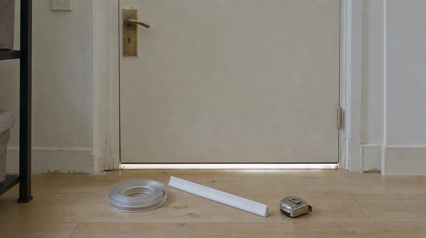 An apartment entry door seen from inside with a thin line of hallway light showing under it, and silicone weatherstrip tape, an under-door sweep and a tape measure laid out on the floorboards in front