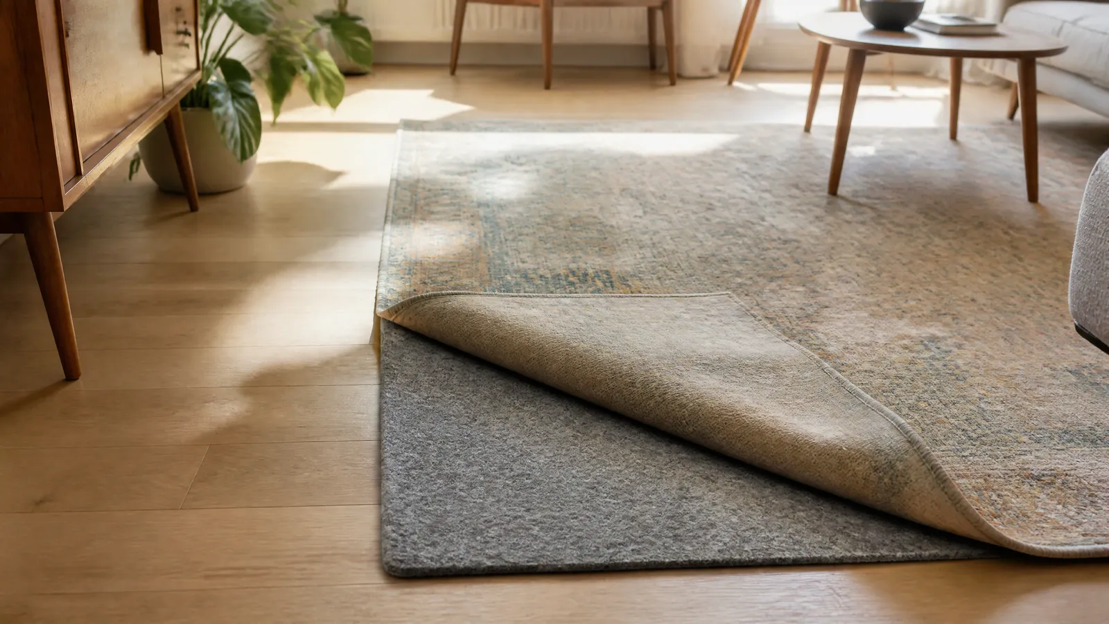 A large area rug laid over pale hardwood in an apartment living room, one corner folded back to show the dense pad underneath