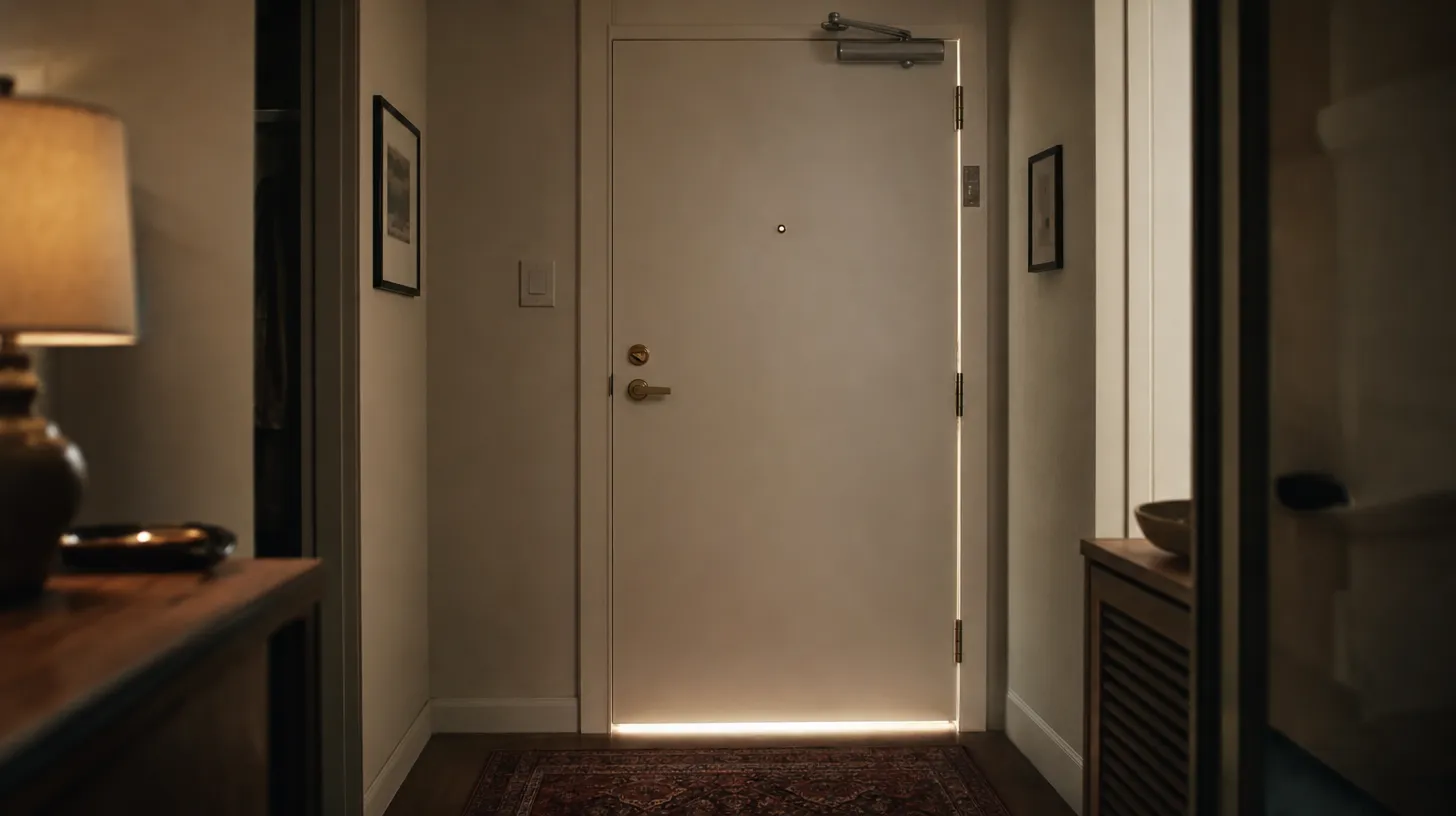 An apartment unit entry door seen from inside a dim entryway, with corridor light glowing along the gap at the bottom and down the latch edge, a brass peephole and deadbolt on the slab and a hydraulic door closer arm across the top corner