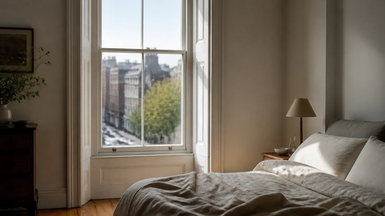 A quiet apartment bedroom with a tall street-facing sash window and morning light