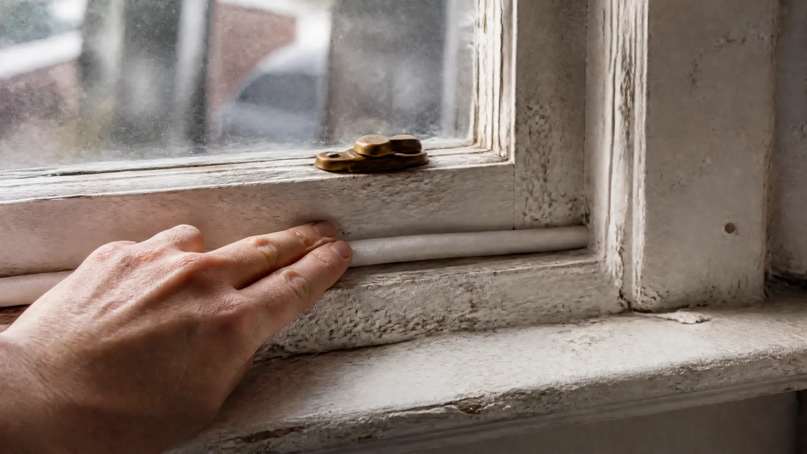 Foam weatherstrip being pressed into the gap of a thickly painted old wooden sash window in a pre-war apartment