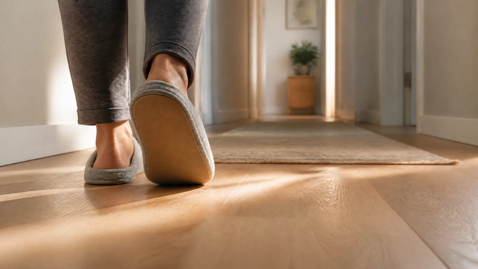 Feet in soft house slippers mid-step on pale hardwood apartment flooring beside a runner rug
