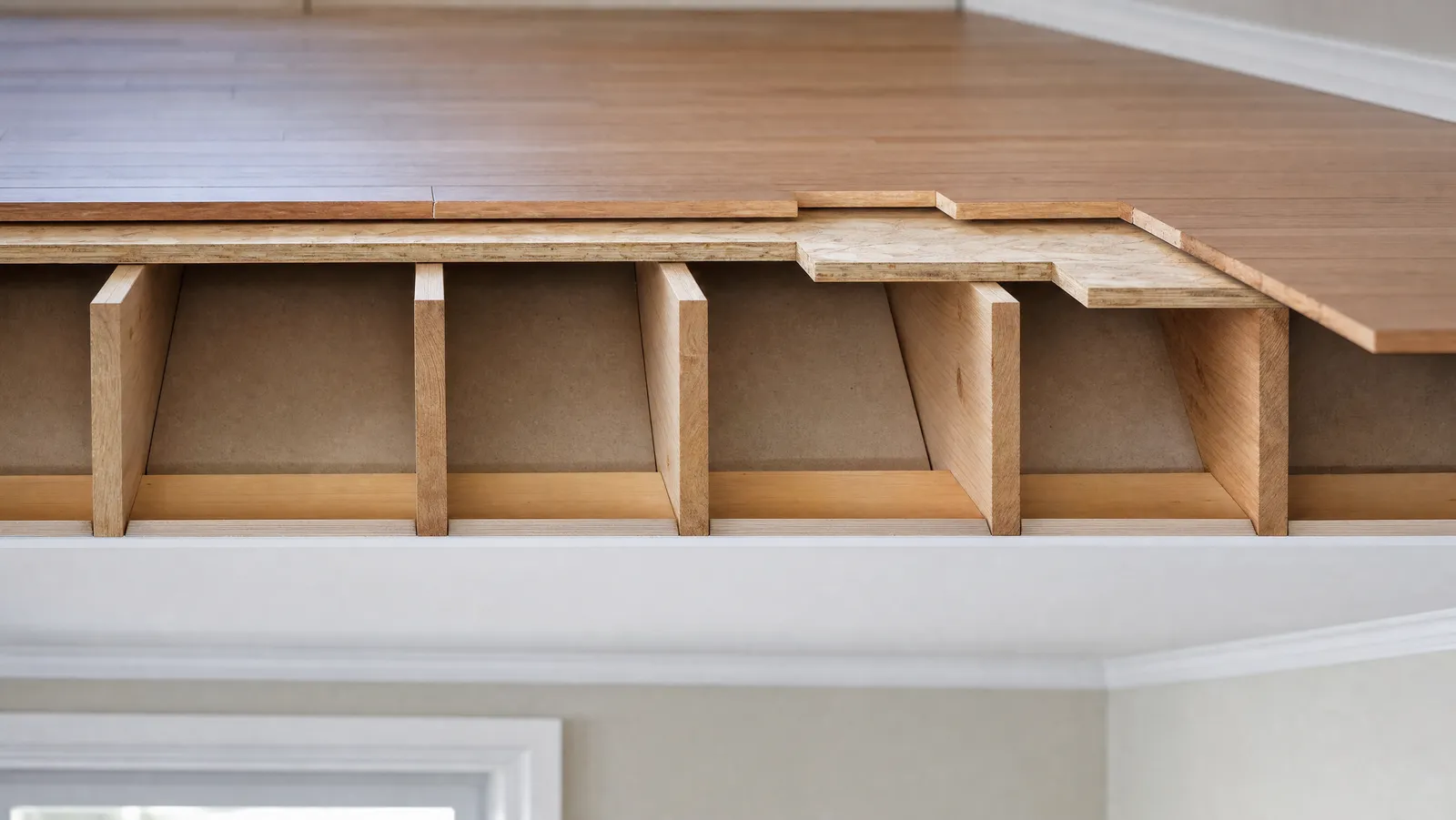 Cutaway of a floor-and-ceiling assembly showing hardwood above, joists, and the ceiling below