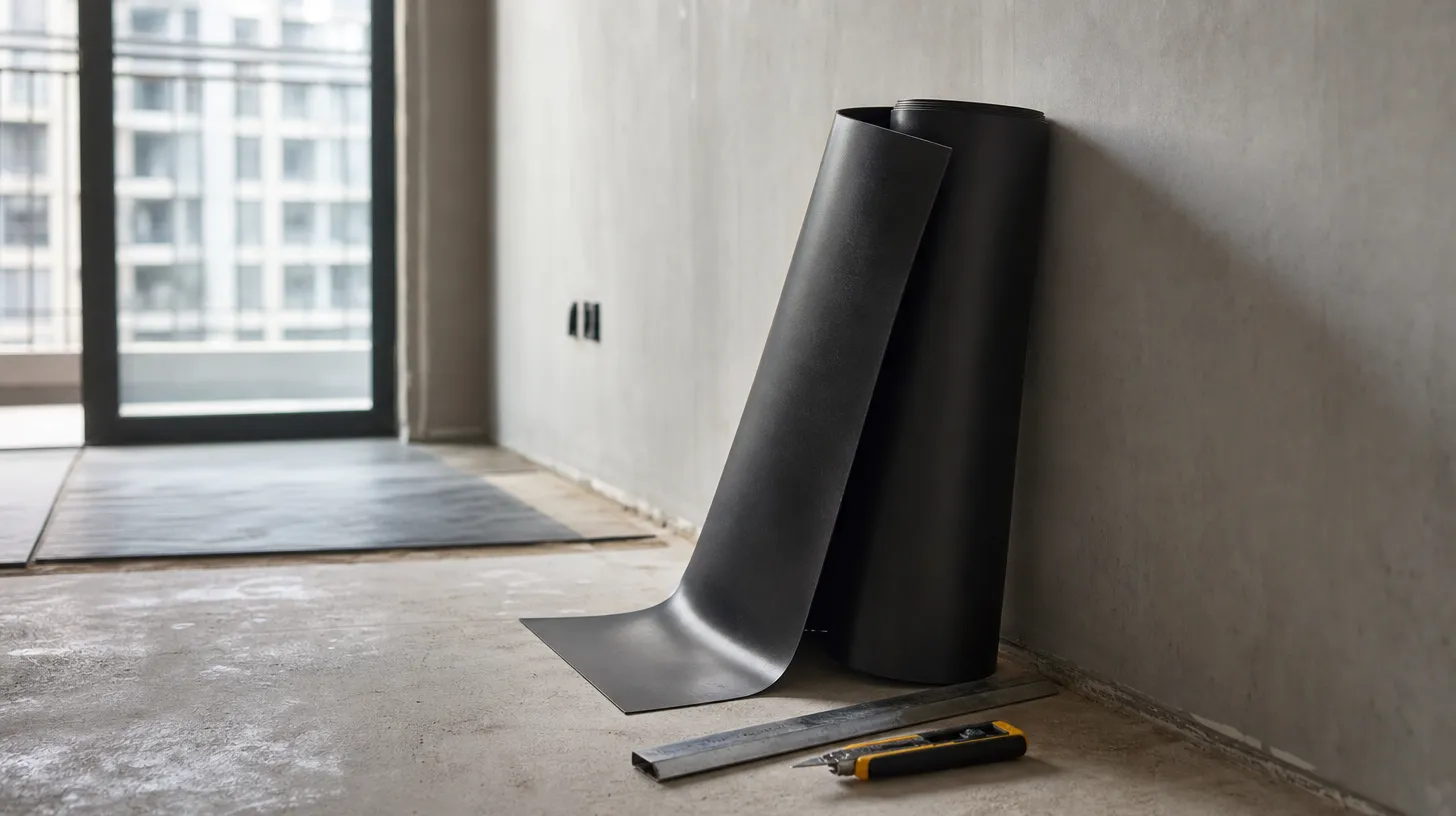 A roll of black mass loaded vinyl partly unrolled against a bare apartment wall with a utility knife nearby