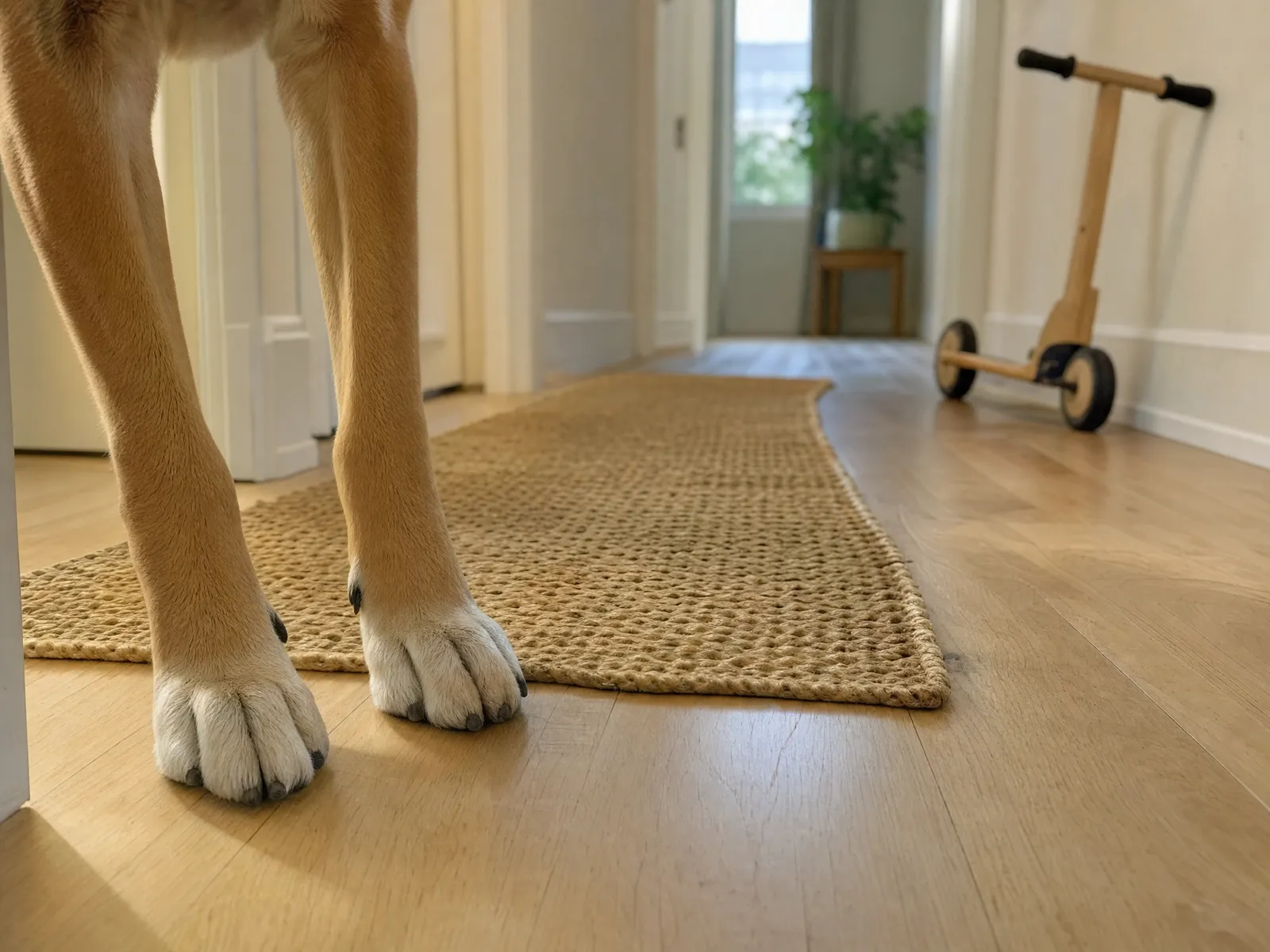 A dog's front paws on pale oak flooring at the edge of a jute runner rug in an apartment hallway, with a child's wooden scooter parked against the wall behind