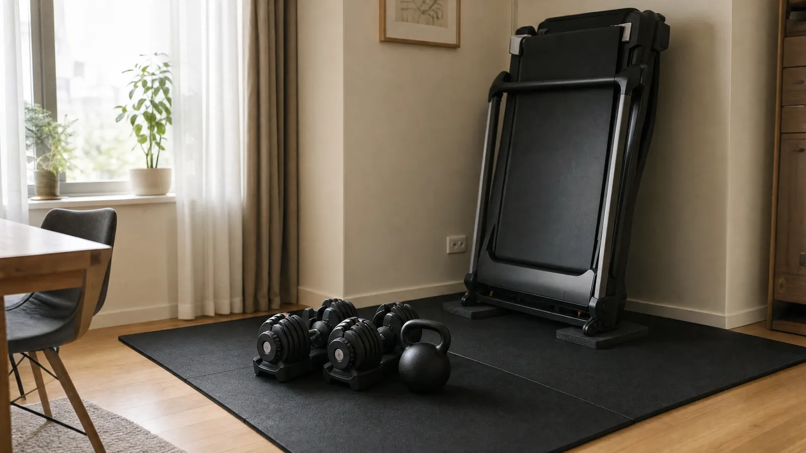 Adjustable dumbbells and a kettlebell on thick rubber gym matting in an apartment corner, with a folded treadmill on anti-vibration pads behind