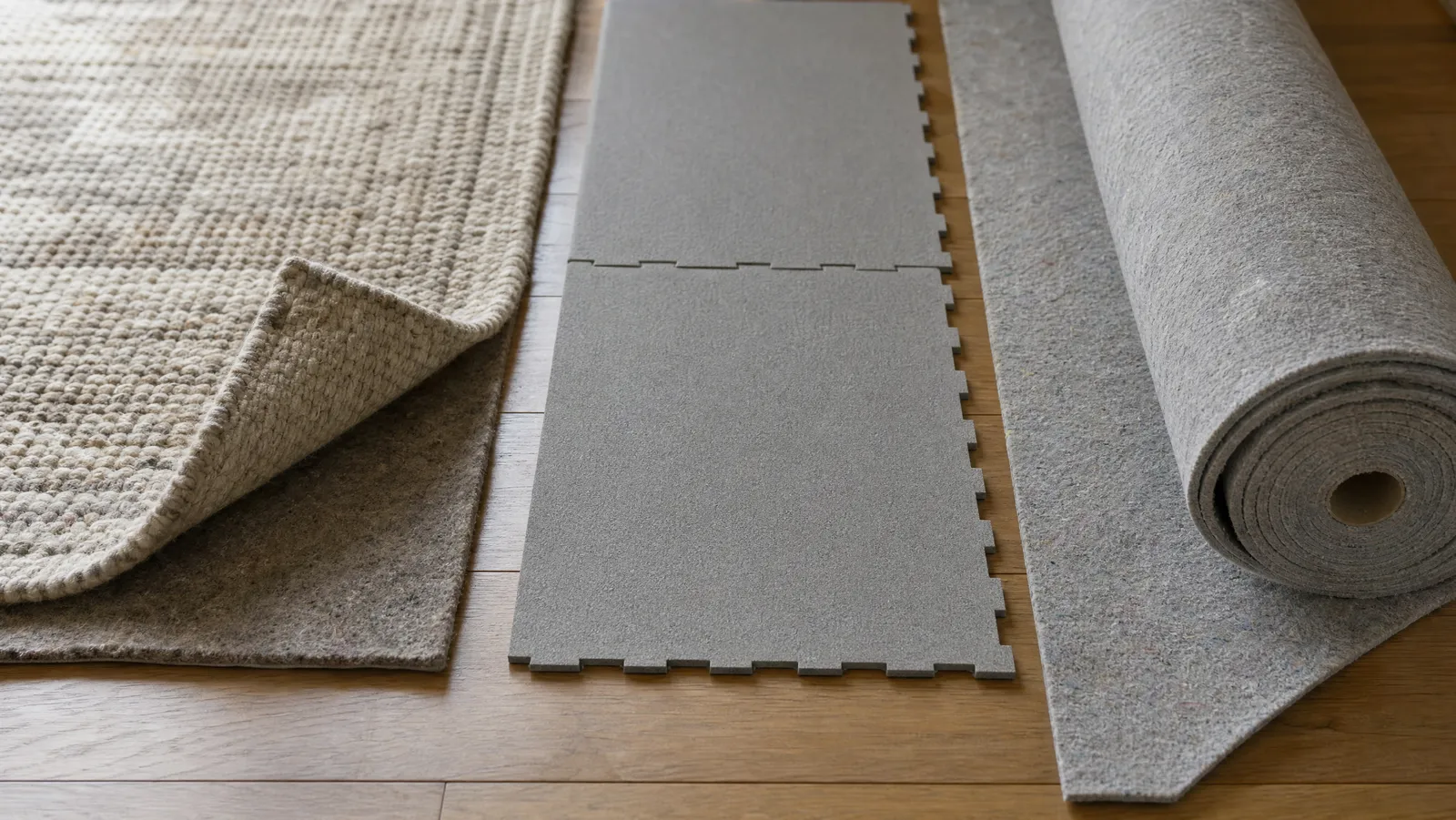 A rug folded back over its felt pad, interlocking acoustic mats and a roll of underlayment side by side on a hardwood floor