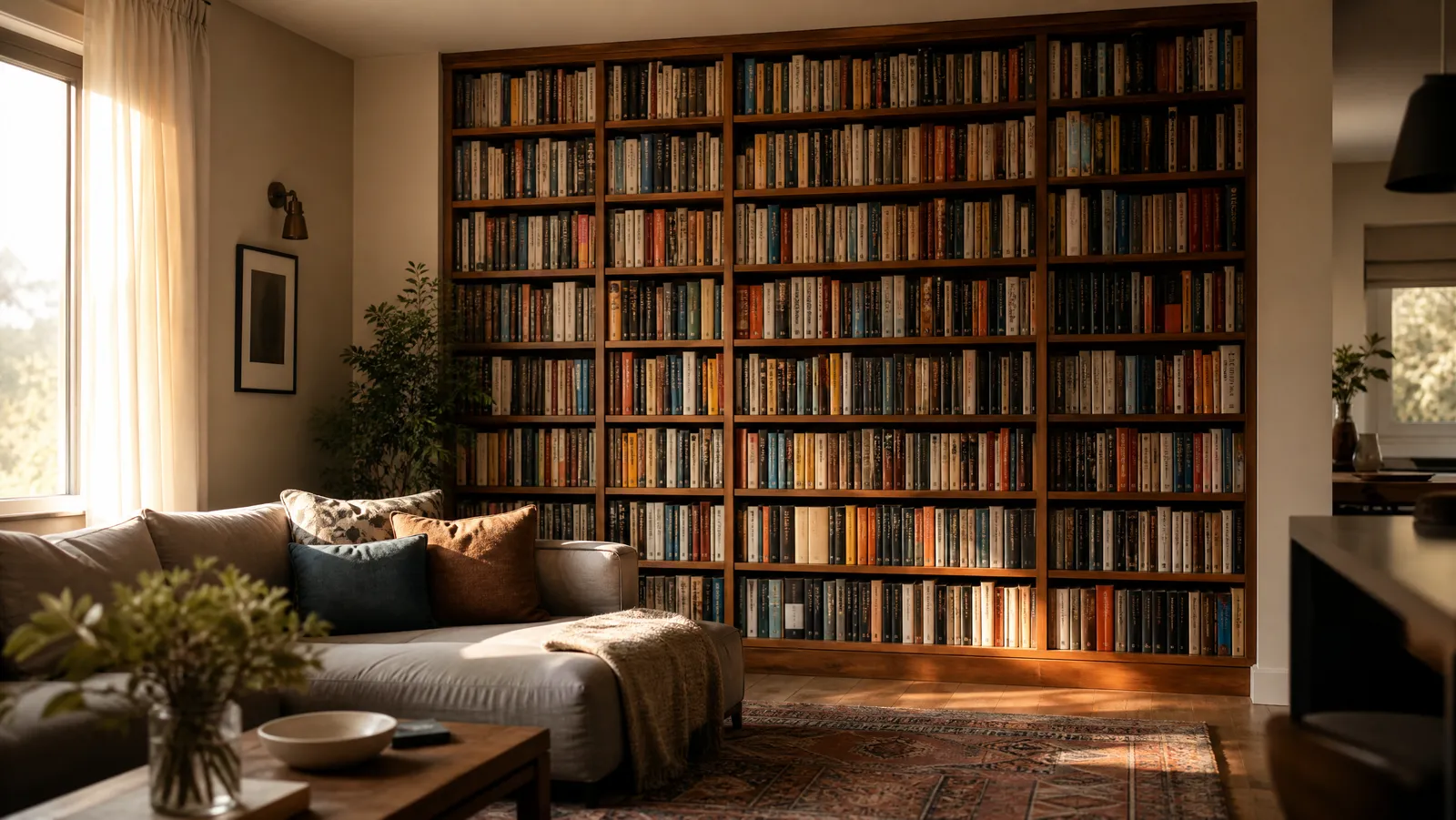 A tall bookshelf packed full of books pushed against a shared apartment living-room wall