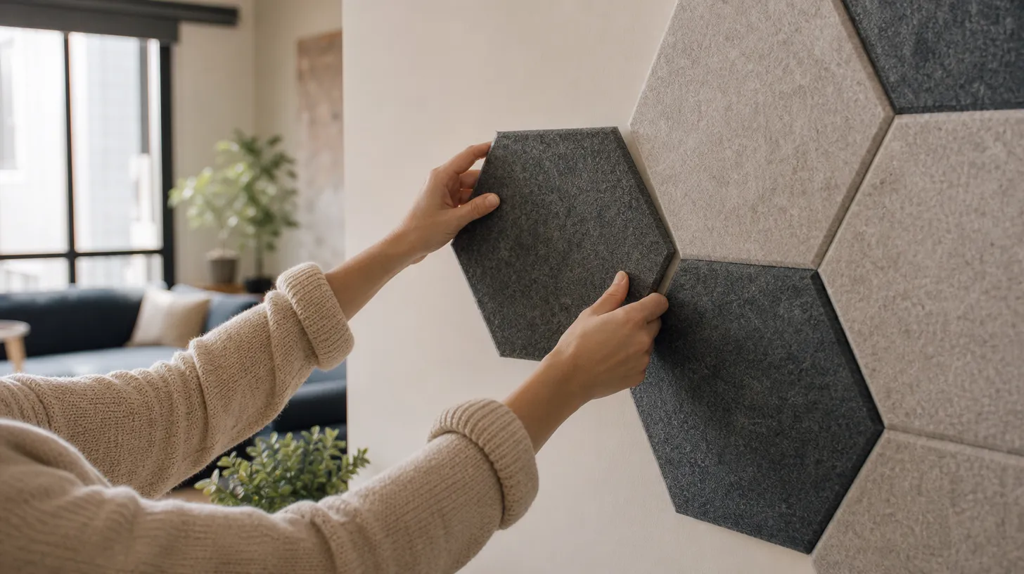 A renter pressing removable hexagonal acoustic tiles onto an apartment wall by hand