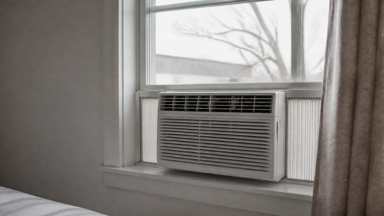 A window air conditioner seen from inside an apartment, with its thin plastic accordion side panels and the gap above the chassis visible
