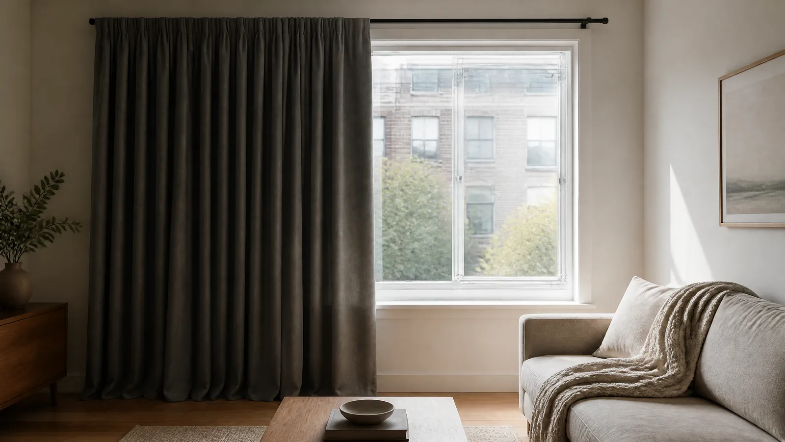 Heavy blackout curtains drawn beside an apartment window fitted with a clear acrylic insert