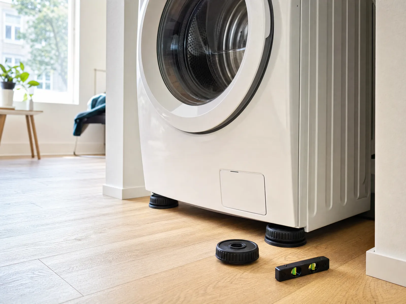 A front-loading washing machine in an apartment laundry nook, tilted to show black ribbed rubber anti-vibration pads under its front feet, with a spare pad and a spirit level on the oak floor alongside